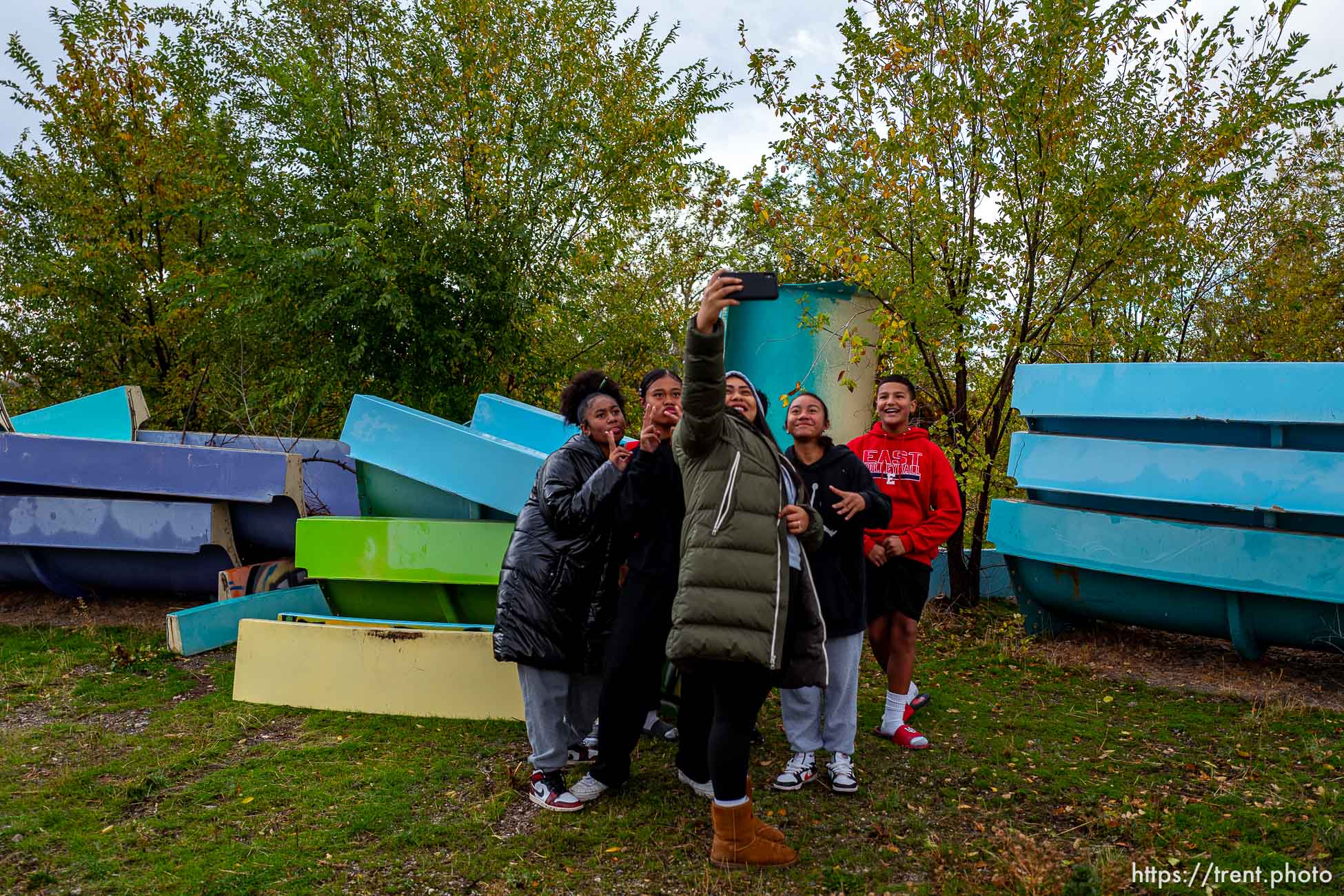 (Trent Nelson  |  The Salt Lake Tribune) Students from Glendale Middle School pose for a photo at the groundbreaking ceremony for the new Glendale Regional Park in Salt Lake City on Thursday, Oct. 26, 2023.
