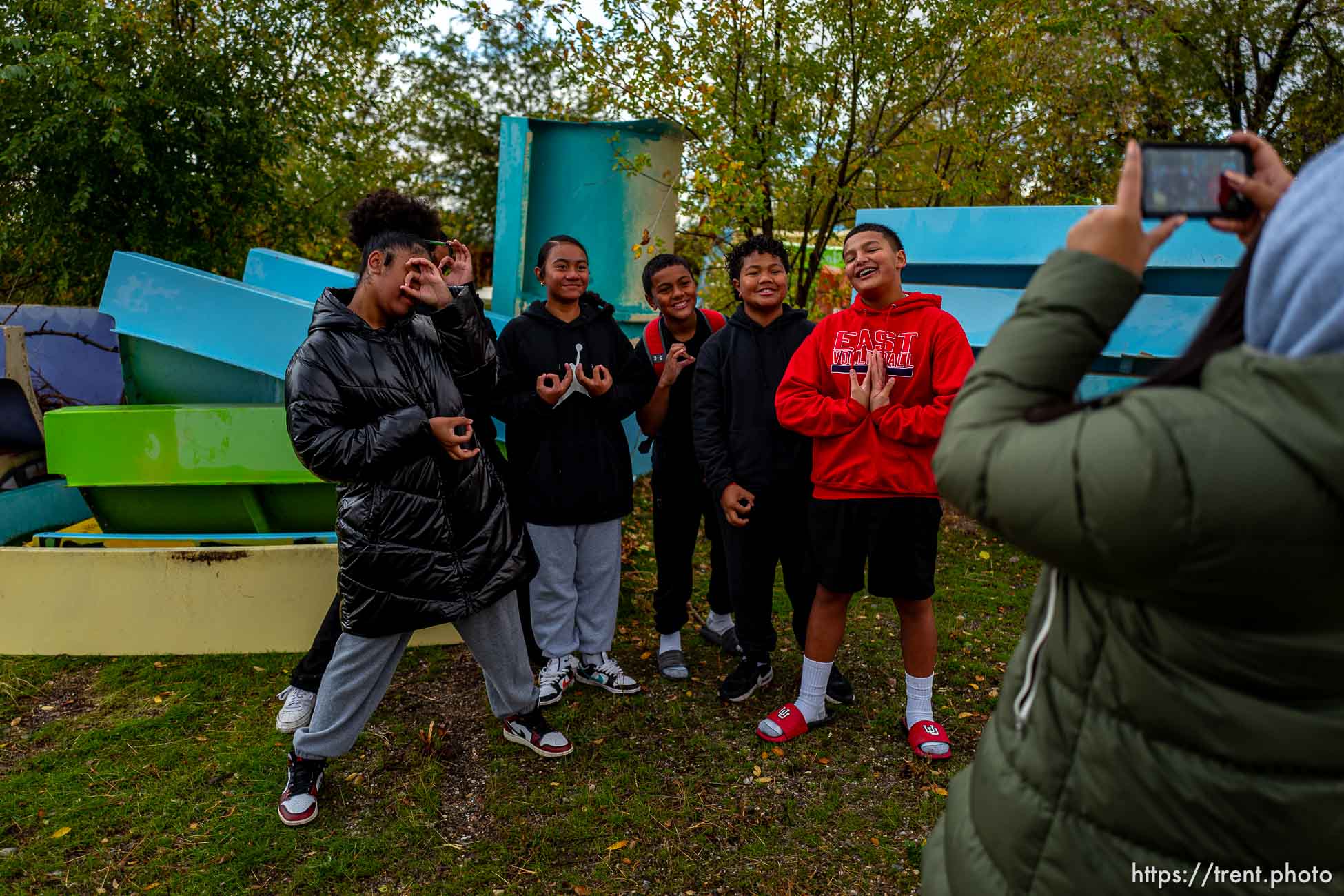 (Trent Nelson  |  The Salt Lake Tribune) Students from Glendale Middle School pose for a photo at the groundbreaking ceremony for the new Glendale Regional Park in Salt Lake City on Thursday, Oct. 26, 2023.