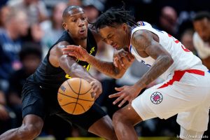 (Trent Nelson  |  The Salt Lake Tribune) Utah Jazz guard Kris Dunn (11) steals the ball from LA Clippers guard Bones Hyland (5) as the Utah Jazz host the LA Clippers, NBA basketball in Salt Lake City on Friday, Oct. 27, 2023.