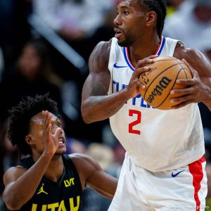 (Trent Nelson  |  The Salt Lake Tribune) Utah Jazz guard Collin Sexton (2) and LA Clippers forward Kawhi Leonard (2) as the Utah Jazz host the LA Clippers, NBA basketball in Salt Lake City on Friday, Oct. 27, 2023.