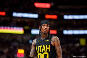 (Trent Nelson  |  The Salt Lake Tribune) Utah Jazz guard Jordan Clarkson (00) as the Utah Jazz host the LA Clippers, NBA basketball in Salt Lake City on Friday, Oct. 27, 2023.