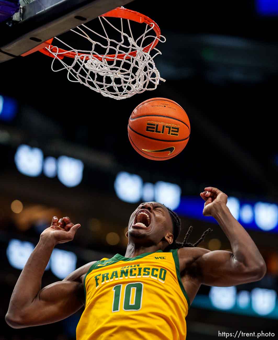 (Trent Nelson  |  The Salt Lake Tribune) San Francisco Dons forward Jonathan Mogbo (10) as Utah State faces San Francisco in Salt Lake City on Saturday, Dec. 16, 2023.