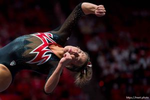 (Trent Nelson  |  The Salt Lake Tribune) Jaylene Gilstrap on the floor as Utah hosts Boise State, NCAA gymnastics in Salt Lake City on Friday, Jan. 5, 2024.
