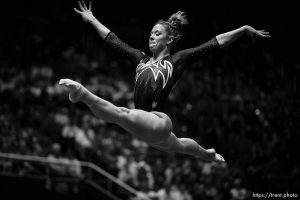 (Trent Nelson  |  The Salt Lake Tribune) Jaylene Gilstrap on the floor as Utah hosts Boise State, NCAA gymnastics in Salt Lake City on Friday, Jan. 5, 2024.
