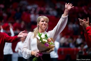 (Trent Nelson  |  The Salt Lake Tribune) Utah coach Carly Dockendorf celebrates her first win as Utah hosts Boise State, NCAA gymnastics in Salt Lake City on Friday, Jan. 5, 2024.