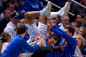 (Trent Nelson  |  The Salt Lake Tribune) Brigham Young Cougars guard Trey Stewart (1) as BYU hosts Cincinnati, NCAA basketball in Provo on Saturday, Jan. 6, 2024.