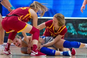 (Trent Nelson  |  The Salt Lake Tribune) BYU Cougars guard Amari Whiting (1) and Iowa State Cyclones guard Emily Ryan (11)  as BYU hosts Iowa State, NCAA basketball in Provo on Saturday, Jan. 6, 2024.