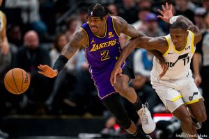 (Trent Nelson  |  The Salt Lake Tribune) Los Angeles Lakers forward Jarred Vanderbilt (2) and Utah Jazz guard Kris Dunn (11) as the Utah Jazz host the Los Angeles Lakers, NBA basketball in Salt Lake City on Saturday, Jan. 13, 2024.
