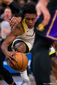 (Trent Nelson  |  The Salt Lake Tribune) Utah Jazz guard Collin Sexton (2) defended by Los Angeles Lakers forward Christian Wood (35) as the Utah Jazz host the Los Angeles Lakers, NBA basketball in Salt Lake City on Saturday, Jan. 13, 2024.