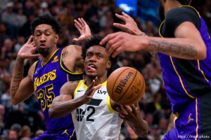 (Trent Nelson  |  The Salt Lake Tribune) Utah Jazz guard Collin Sexton (2) defended by Los Angeles Lakers forward Christian Wood (35) as the Utah Jazz host the Los Angeles Lakers, NBA basketball in Salt Lake City on Saturday, Jan. 13, 2024.