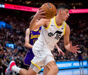 (Trent Nelson  |  The Salt Lake Tribune) Utah Jazz forward Simone Fontecchio (16) as the Utah Jazz host the Los Angeles Lakers, NBA basketball in Salt Lake City on Saturday, Jan. 13, 2024.
