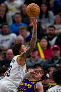 (Trent Nelson  |  The Salt Lake Tribune) Utah Jazz guard Keyonte George (3) shoots over Los Angeles Lakers guard Austin Reaves (15) as the Utah Jazz host the Los Angeles Lakers, NBA basketball in Salt Lake City on Saturday, Jan. 13, 2024.