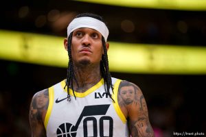 (Trent Nelson  |  The Salt Lake Tribune) Utah Jazz guard Jordan Clarkson (00) as the Utah Jazz host the Los Angeles Lakers, NBA basketball in Salt Lake City on Saturday, Jan. 13, 2024.