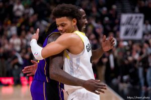 (Trent Nelson  |  The Salt Lake Tribune) Utah Jazz guard Keyonte George (3) and Los Angeles Lakers forward Taurean Prince (12) as the Utah Jazz host the Los Angeles Lakers, NBA basketball in Salt Lake City on Saturday, Jan. 13, 2024.
