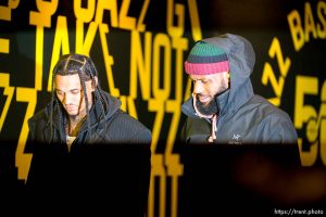 (Trent Nelson  |  The Salt Lake Tribune) Utah Jazz guard Jordan Clarkson (00) and Los Angeles Lakers forward LeBron James (23) as the Utah Jazz host the Los Angeles Lakers, NBA basketball in Salt Lake City on Saturday, Jan. 13, 2024.