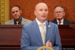 (Trent Nelson  |  The Salt Lake Tribune) House Speaker Mike Schultz, R-Hooper, and Senate President Stuart Adams, R-Layton, listen as Gov. Spencer Cox delivers his 2024 State of the State address at the Utah Capitol in Salt Lake City on Thursday, Jan. 18, 2024.