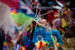 (Trent Nelson  |  The Salt Lake Tribune) Members of the Ute Indian Tribe perform at halftime as Utah hosts USC, NCAA basketball in Salt Lake City on Friday, Jan. 19, 2024.