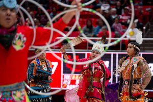(Trent Nelson  |  The Salt Lake Tribune) Members of the Ute Indian Tribe perform at halftime as Utah hosts USC, NCAA basketball in Salt Lake City on Friday, Jan. 19, 2024.