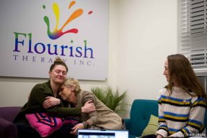 (Trent Nelson  |  The Salt Lake Tribune) Sami Simpson and Lisa Hansen console each other while discussing the effect of anti-LGBTQ legislation on patients, in Provo on Monday, Feb. 12, 2024.