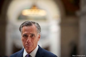 (Trent Nelson  |  The Salt Lake Tribune) Utah Senator Mitt Romney at the Utah Capitol in Salt Lake City on Thursday, Feb. 15, 2024.