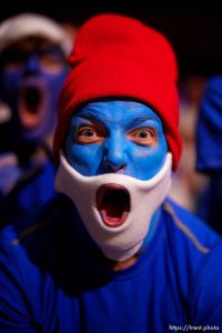 (Trent Nelson  |  The Salt Lake Tribune) BYU fans as BYU hosts Baylor, NCAA basketball in Provo on Tuesday, Feb. 20, 2024.