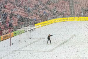 (Trent Nelson  |  The Salt Lake Tribune) Real Salt Lake goalkeeper Zac MacMath stands in a blizzard as RSL hosts LAFC, MLS soccer in Sandy on Saturday, March 2, 2024.