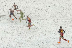 (Trent Nelson  |  The Salt Lake Tribune) Snow falls as Real Salt Lake hosts LAFC, MLS soccer in Sandy on Saturday, March 2, 2024.
