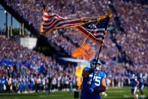 (Trent Nelson  |  The Salt Lake Tribune) Brigham Young Cougars offensive lineman Sam Dawe (75) as BYU hosts Southern Illinois, NCAA football in Provo on Saturday, Aug. 31, 2024.