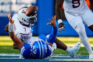 (Trent Nelson  |  The Salt Lake Tribune) Brigham Young Cougars running back Hinckley Ropati (7) loses the ball after a hit from Southern Illinois Salukis safety Ubayd Steed (7) as BYU hosts Southern Illinois, NCAA football in Provo on Saturday, Aug. 31, 2024. BYU recovered.