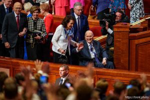(Trent Nelson  |  The Salt Lake Tribune) President Russell M. Nelson and his wife, Wendy, after General Conference on Sunday, Oct. 6, 2024.