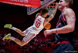 (Trent Nelson  |  The Salt Lake Tribune) Utah Utes forward Jake Wahlin (10) dunks as Utah hosts Eastern Washington, NCAA basketball in Salt Lake City on Saturday, Nov. 30, 2024.