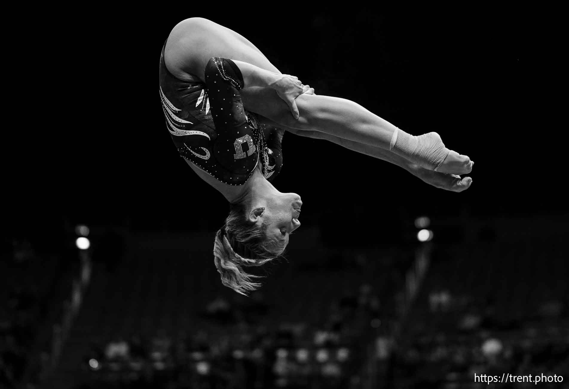 (Trent Nelson  |  The Salt Lake Tribune) 
Utah's Jaylene Gilstrap on beam at Utah Gymnastics' Red Rocks Preview, NCAA gymnastics in Salt Lake City on Friday, Dec. 13, 2024.