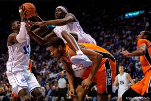 (Trent Nelson  |  The Salt Lake Tribune) Brigham Young Cougars center Keba Keita (13) and Brigham Young Cougars forward Mawot Mag (0) as BYU hosts Oklahoma State, NCAA basketball in Provo on Tuesday, Jan. 14, 2025.