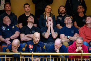 (Trent Nelson  |  The Salt Lake Tribune) Firefighters look on as the Senate votes on HB267, a bill aimed at banning collective bargaining for public labor unions in Utah, at the Utah Capitol in Salt Lake City on Thursday, Jan. 30, 2025.
