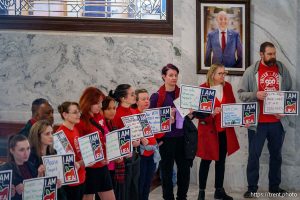 (Trent Nelson  |  The Salt Lake Tribune) Educators and supporters hold a silent protest outside of Gov. Spencer Cox's office at the Utah Capitol in Salt Lake City over the anti-union bill HB267 on Friday, Feb. 14, 2025.
