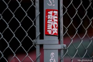 fuck trump stickers in Salt Lake City on Monday, Feb. 17, 2025.