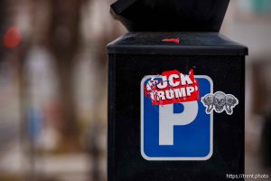 fuck trump stickers in Salt Lake City on Monday, Feb. 17, 2025.
