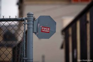 fuck trump stickers in Salt Lake City on Monday, Feb. 17, 2025.