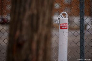 fuck trump stickers in Salt Lake City on Monday, Feb. 17, 2025.
