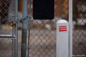 fuck trump stickers in Salt Lake City on Monday, Feb. 17, 2025.