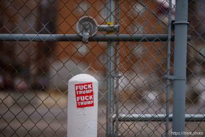 fuck trump stickers in Salt Lake City on Monday, Feb. 17, 2025.