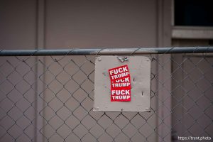 fuck trump stickers in Salt Lake City on Monday, Feb. 17, 2025.