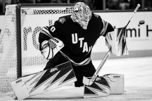 (Trent Nelson  |  The Salt Lake Tribune) Utah Hockey Club goaltender Karel Vejmelka (70) as Utah Hockey Club hosts the Minnesota Wild, NHL hockey in Salt Lake City on Thursday, Feb. 27, 2025.