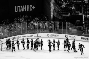 (Trent Nelson  |  The Salt Lake Tribune) Utah Hockey Club celebrates a win over the Minnesota Wild, NHL hockey in Salt Lake City on Thursday, Feb. 27, 2025.