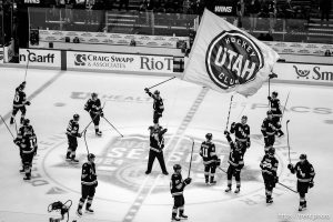 (Trent Nelson  |  The Salt Lake Tribune) Utah Hockey Club celebrates a win over the Minnesota Wild, NHL hockey in Salt Lake City on Thursday, Feb. 27, 2025.