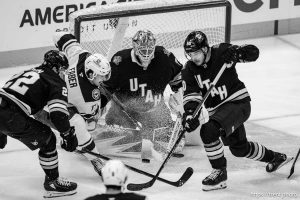 (Trent Nelson  |  The Salt Lake Tribune) Utah Hockey Club goaltender Karel Vejmelka (70) as Utah Hockey Club hosts the Minnesota Wild, NHL hockey in Salt Lake City on Thursday, Feb. 27, 2025. At left is Utah Hockey Club center Jack McBain (22) and right Sean Durzi.