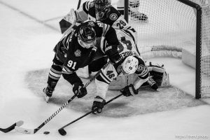 (Trent Nelson  |  The Salt Lake Tribune) Utah Hockey Club right wing Josh Doan (91) and Minnesota Wild defenseman Jared Spurgeon (46) as Utah Hockey Club hosts the Minnesota Wild, NHL hockey in Salt Lake City on Thursday, Feb. 27, 2025.