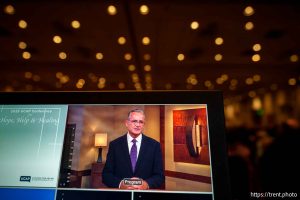 (Trent Nelson  |  The Salt Lake Tribune) Latter-day Saint Apostle Patrick Kearon speaks via video at the Utah Coalition Against Pornography's conference in Sandy on Saturday, March 1, 2025.