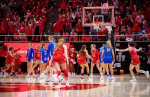 (Trent Nelson  |  The Salt Lake Tribune) Utah Utes guard Matyson Wilke (23) celebrates her game-winning shot as Utah hosts BYU, NCAA basketball in Salt Lake City on Saturday, March 1, 2025.