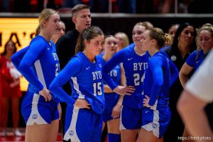 (Trent Nelson  |  The Salt Lake Tribune) BYU Cougars guard Kemery Congdon (15) reacts to the overtime loss as Utah hosts BYU, NCAA basketball in Salt Lake City on Saturday, March 1, 2025.